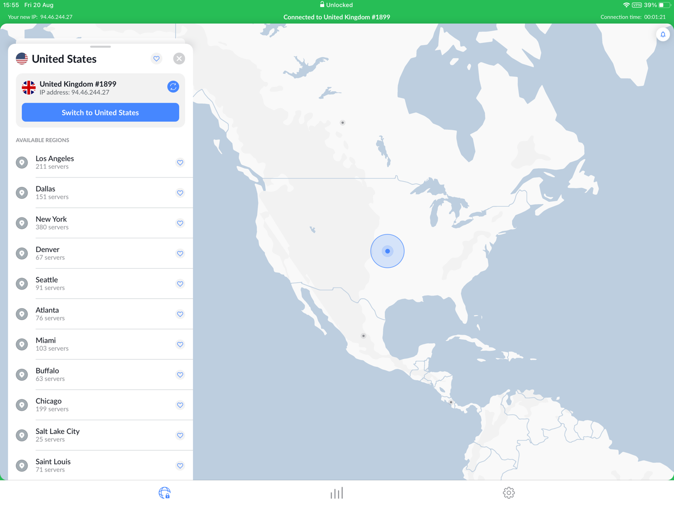 Screen shot of the iOS app US cities screen